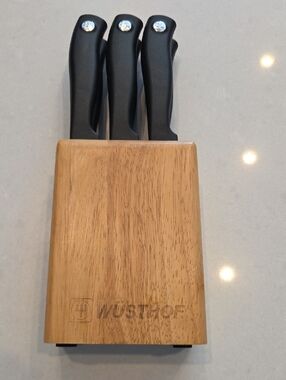 Wusthof Six Piece Knife Set with Black Handles and Natural Wood Block
